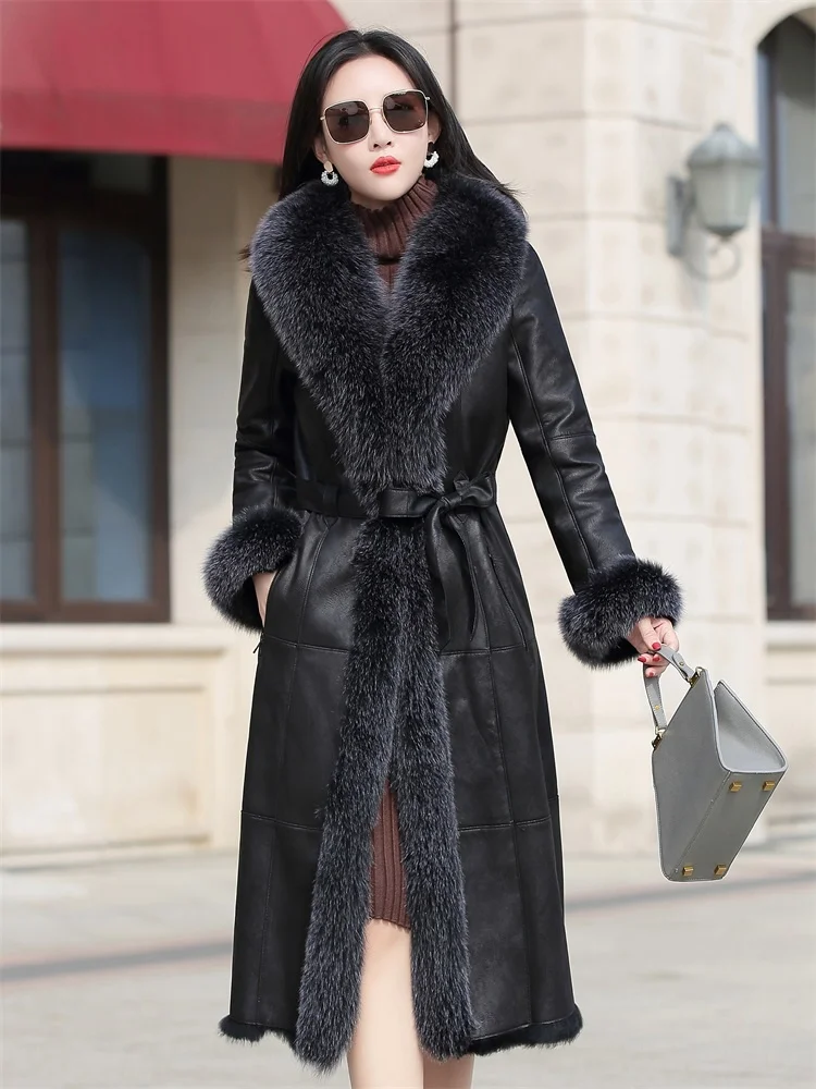 Real Fur Winter Coat Women\'s Genuine Leather Jacket Natural Rabbit Fur Coats Big Fox Fur Collar Long Real Leather Jackets