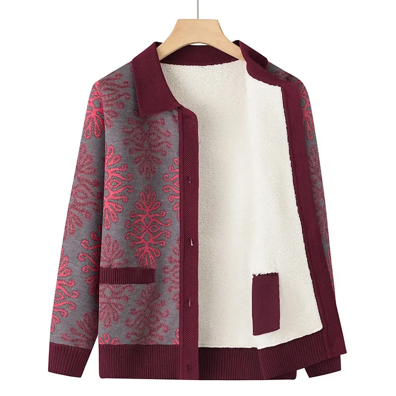 

Новый женский вязаный свитер, пальто, осенне-зимняя одежда для пожилых женщин среднего возраста, флисовый вязаный кардиган с лацканами, куртка, топы