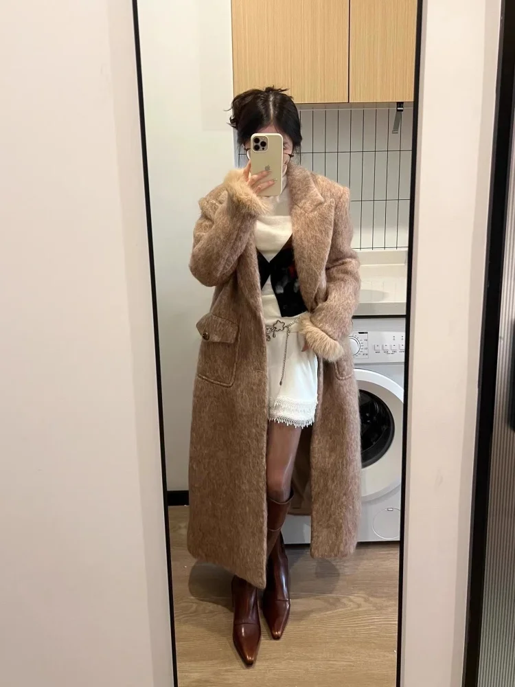 

Ретро-пальто из длинной шерсти для женщин, свободного кроя, зимнее, новое, со съемным меховым воротником, теплое, модное, верхняя одежда для молодых девушек