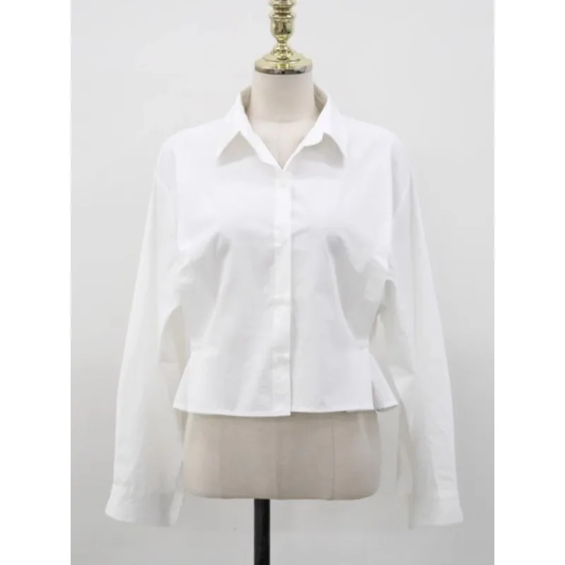 QWEEK Office Vintage White Short Shirts Korean Style Elegant Solid Color Women Blouse Chic Long Sleeve Button Up Clothes Autumn