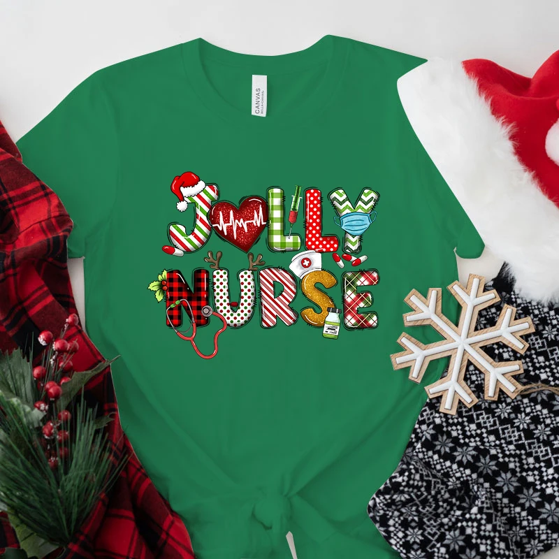 

Hot Christmas Jolly Nurse Printed T-Shirts For Women Short Sleeve Christmas Casual Summer Round Neck Tee Shirt