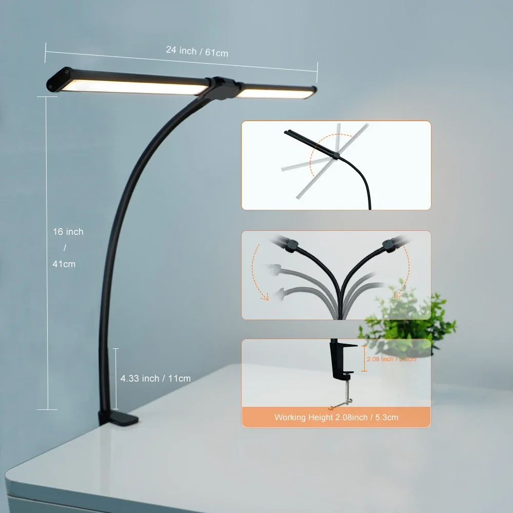 Imagem -03 - Cabeça Dupla Led Clipe Desk Lamp Controle Remoto Eye-caring Usb Abajur para Computador Casa e Escritório Iluminação Regulável Cores