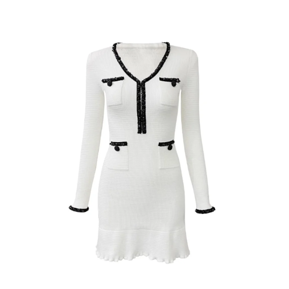 White V-neck Knitted Mini Dress Woman's 2025 Spring New Fashion Pearl Embellishment Dress 5240341