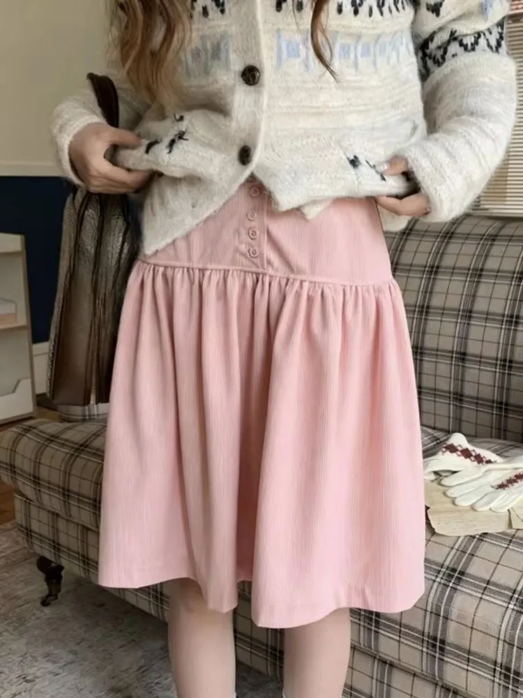 Women Skirts Vintage Autumn Winter New Fashion High Waist Button Sweet Elegant Skirt Female Solid Casual French Style