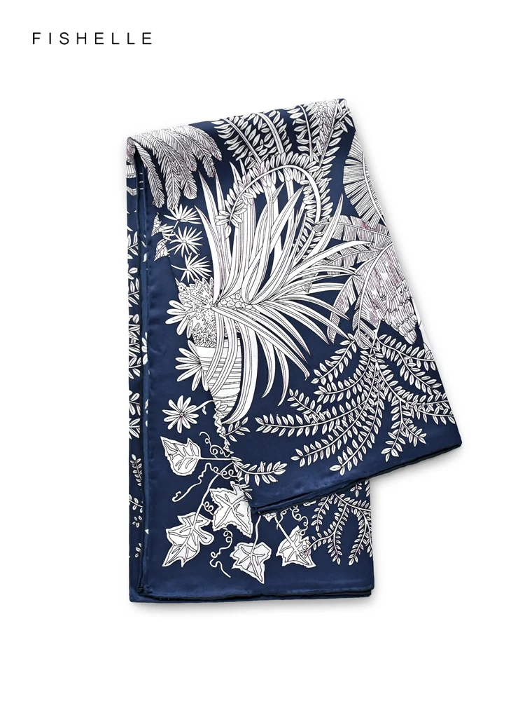 Deep blue tropical plants100% natural silk scarf square head scarves luxury gift women wrap bandana hijab shawl 90cm neckerchief