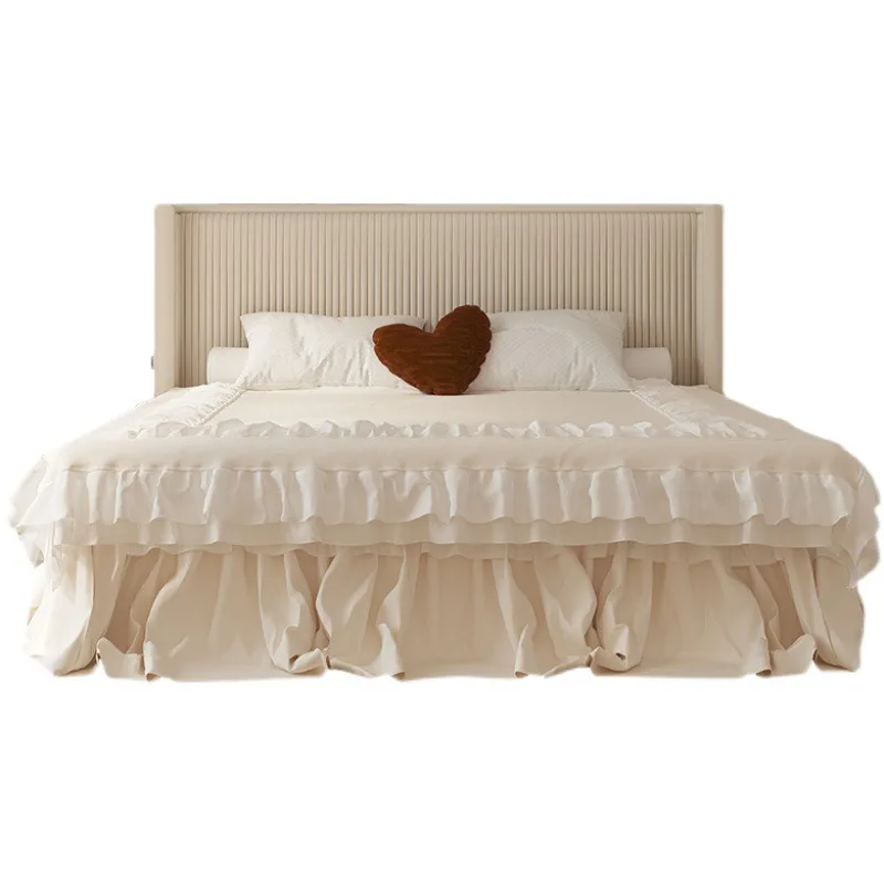 Simple and modern Nordic fabric 1.8m double bed, model room French light luxury, velvet cream white pleated wedding bed