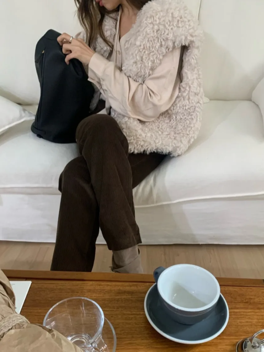 Chic Herbst Winter Vintage runde Ne Kreis Fce Lose Casual Vielseitige Lamm Pelz Weste Strickjacke Oberbekleidung für Junge Frauen