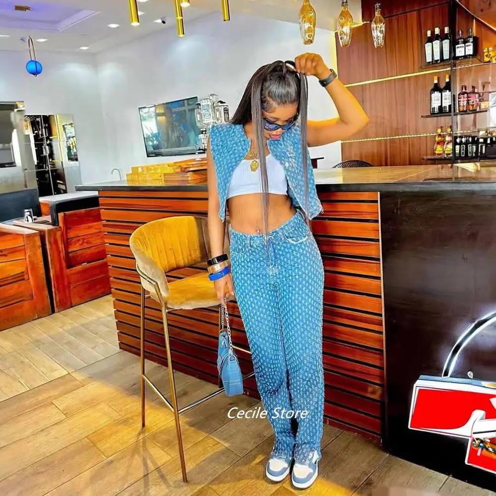 Nowa afrykańska dziewczęce dżinsy porwane jeansy damską trzyczęściową dżinsową kurtkę damską z rozcięciem z szerokimi nogawkami spodnie jeans uomo