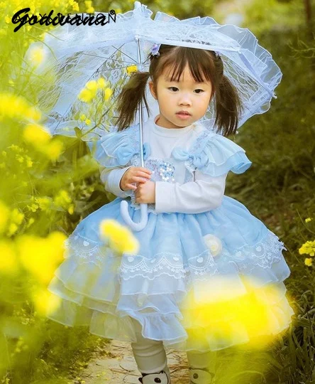 Kids Blue Feifei Sleeve Sequin Lolita Princess Dress Sweet Baby Girls 2026 New Summer Lace Ruffle Trim Birthday Party Ball Gown