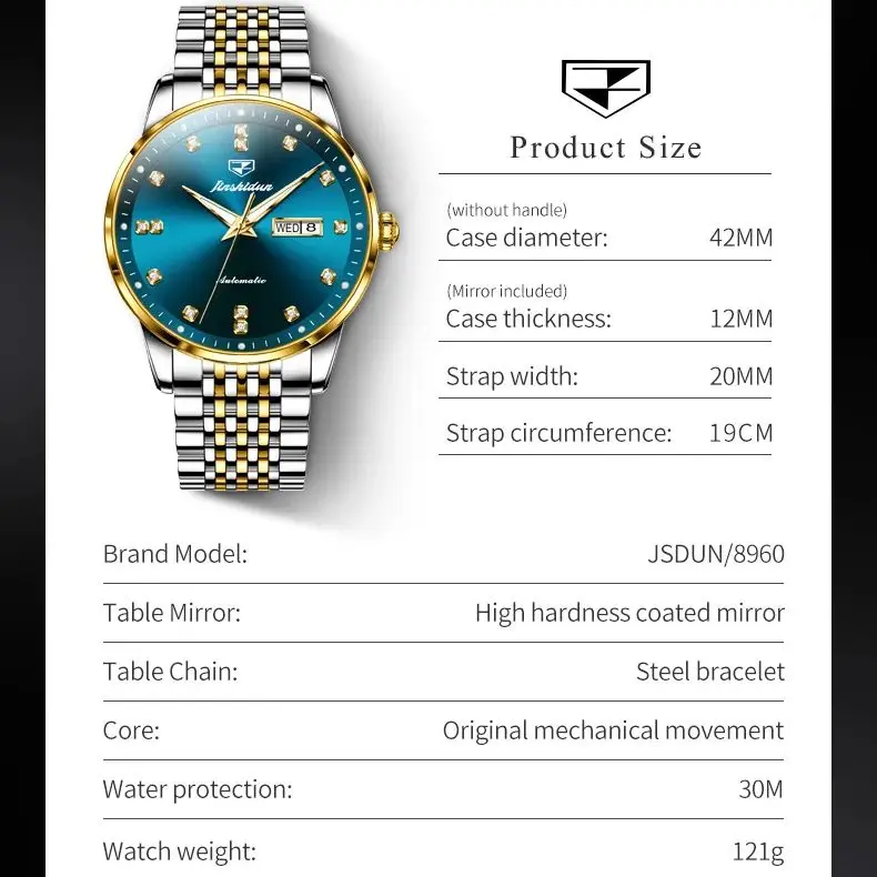 JSDUN 8960 Men\'s Watch Luxury Diamond Automatic Mechanical Watch Waterproof Stainless Steel Watch Fashionable Business Men Watch