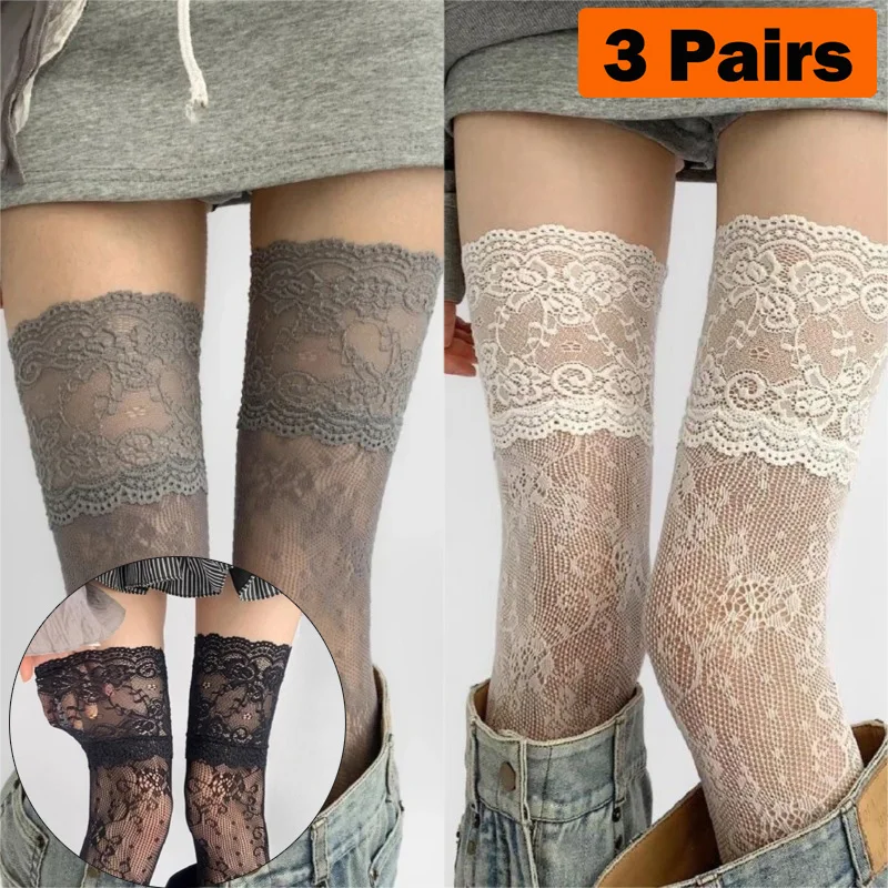 Women's Socks Sexy Lace Trim Nylon Fishnet Stockings Retro Floral Sweet Mesh Breathable Thigh High Long Socks JK Over Knee Socks