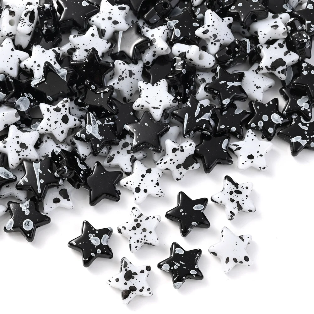 50pcs Acrylic Paintings Five-pointed Star Heart Beads Speckle ink Art Sense Star Beads For Jewelry Making Handmade DIY Bracelet