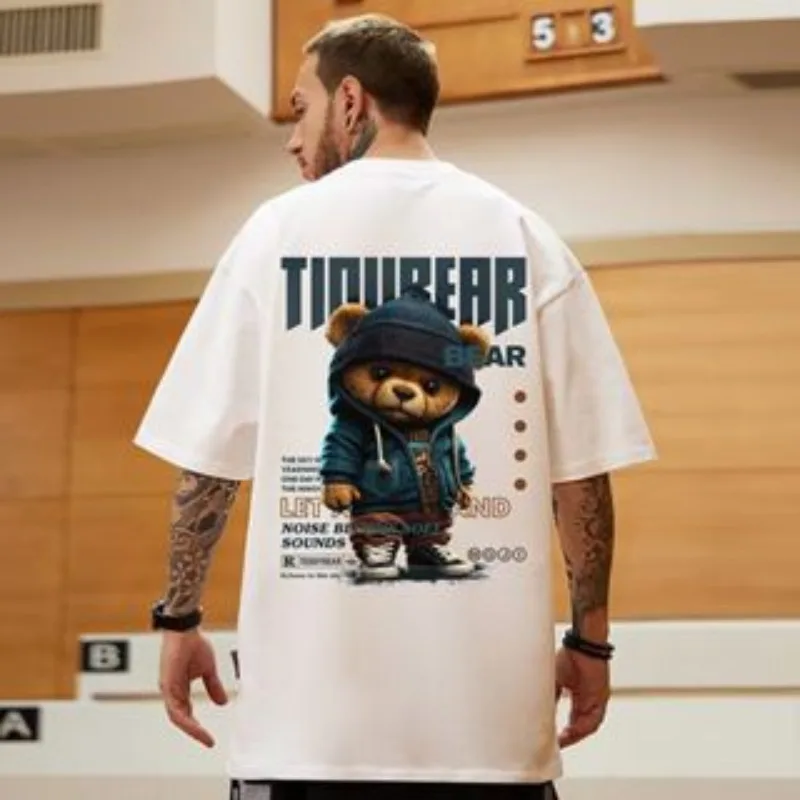 M-8XL Men T-Shirt Oversized Loose Fashion American Vintage Hoodie Bear Print T-Shirt Simple Casual Tops Summer Lovers'clothes