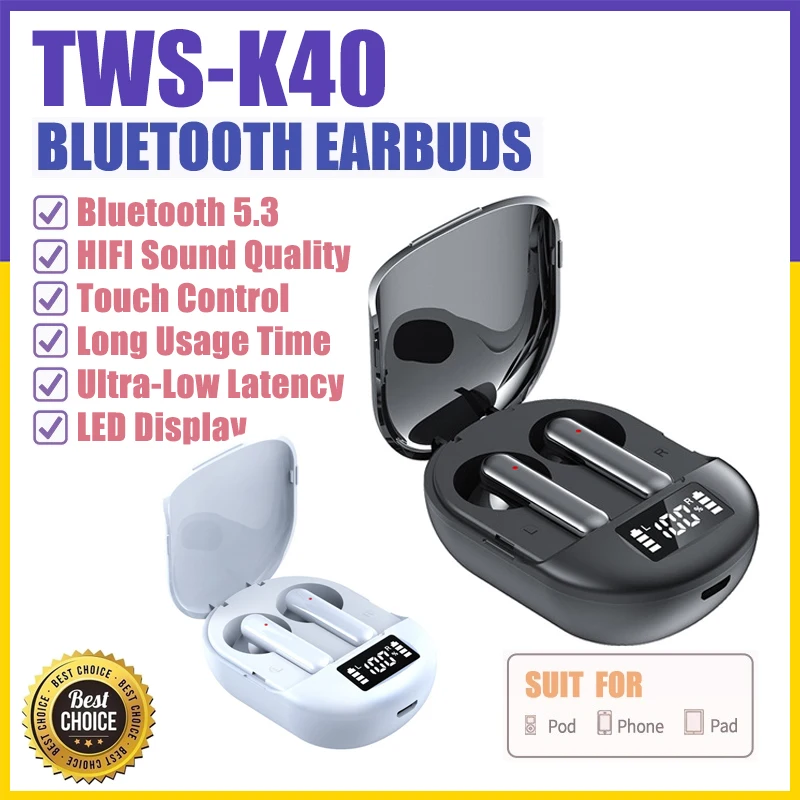 【Fast Ship】K40 TWS Wireless Bluetooth Earphones Digital Display Noise Cancelling Earbuds HiFi Sound Headphone with Mic Headsets