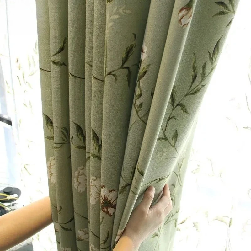 American Cotton Linen Retro Print Green Curtains for Living Room Bedroom Dining Semi-shade Romantic Custom Size Decor Tulle