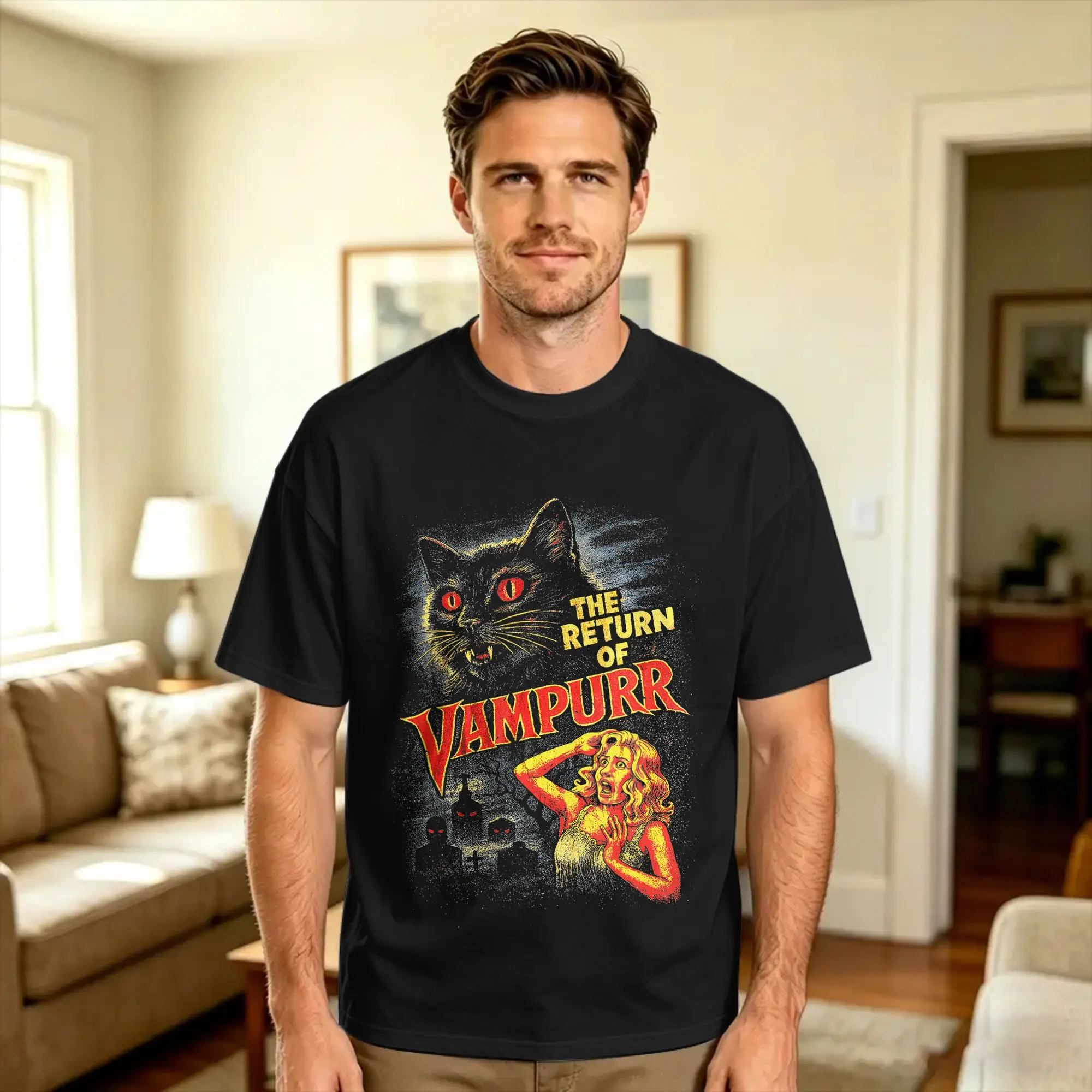 Vintage The Return of Vampurr Funny Cat Lovers Halloween T Shirt Men  Streetwear T Shirts Summer O-Neck Harajuku Tees Oversize