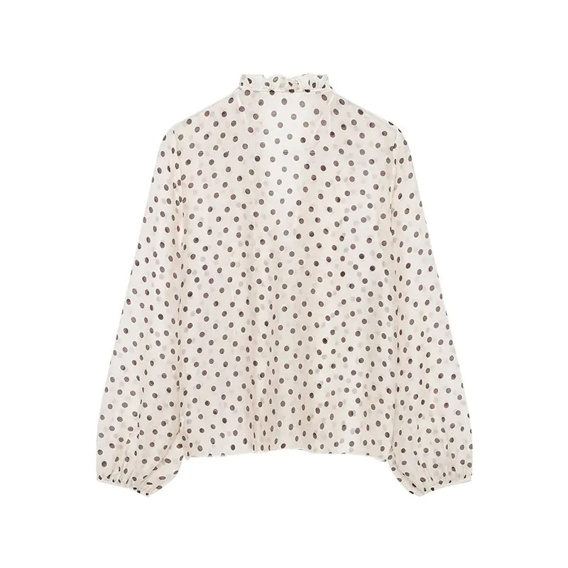 TFAFXY 2026 Spring Polka Dot Ruffles Women Blouse V Neck Semi Transparent Long Sleeve Buttons Loose Shirt Female Top Y2K