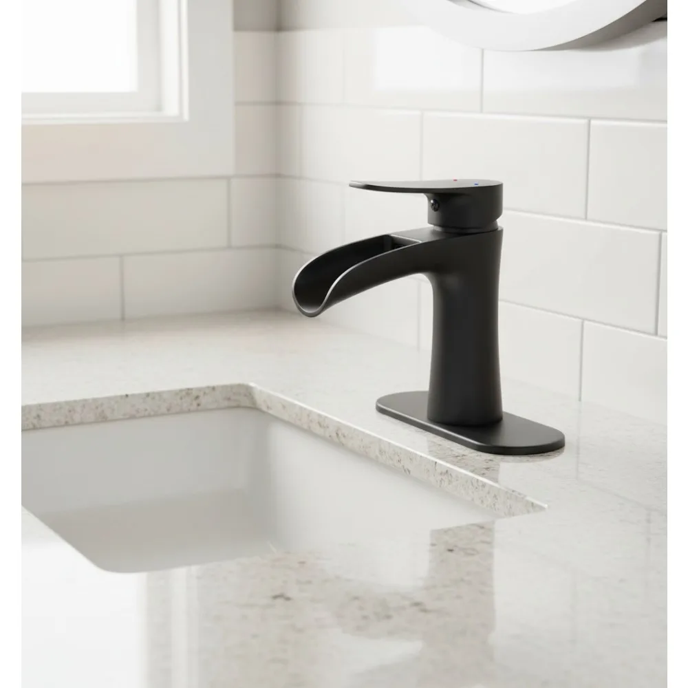 

Black Waterfall Bathroom Faucet Single Handle Sink Faucet for Vanity Farmhouse RV Vessel Basin 1 or 3 Hole
