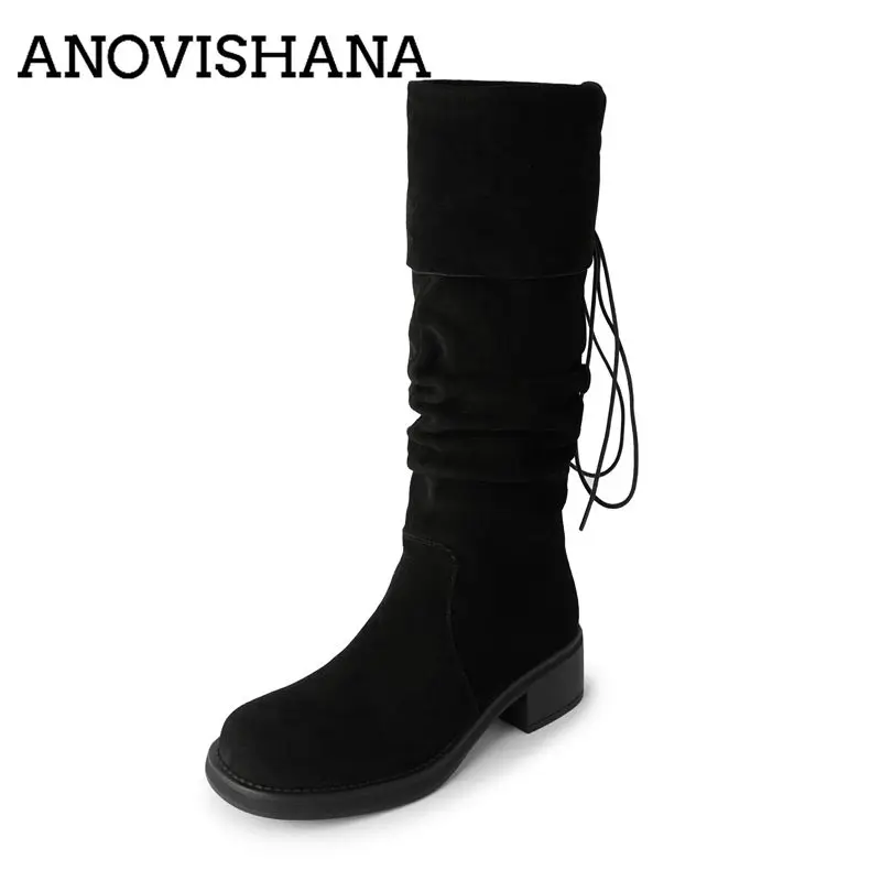 ANOVISHANA Genuine Suede Leather Women Knee High Boots Round Toe 4.5cm Block Heels Lace Up Pleated Elegant Fashion Dating Botas