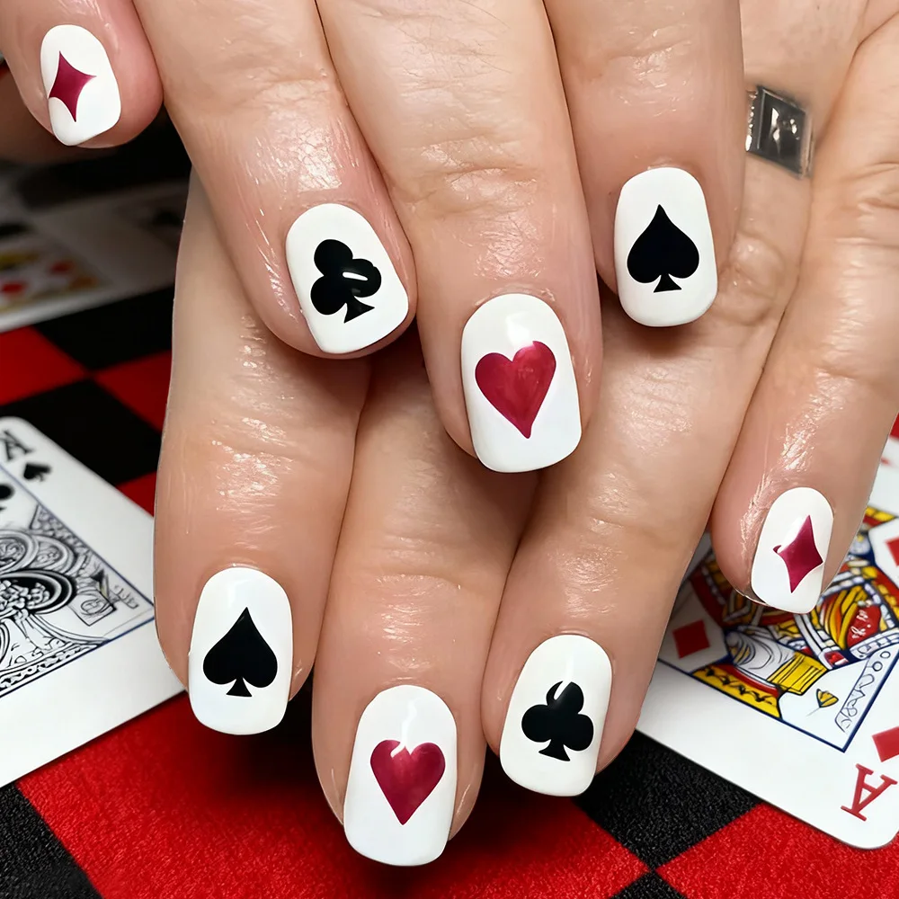 Manicure Poker Press on Nail Art Sticker Playing Cards Design DIY Nail Decoration Acrylic Fake Nails Cartoon Gothfrench Nail Art
