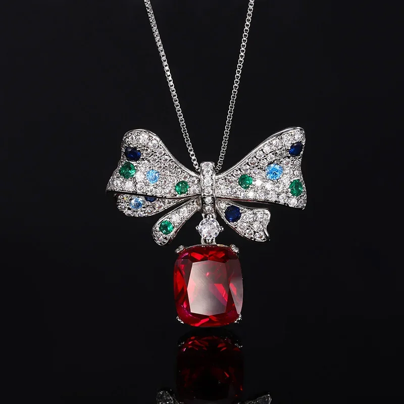 S925 Silver Plated 18K Gold Plated PT950 Platinum Korean Version Ins Trendy Red Corundum Bow Necklace Main Stone 12*14