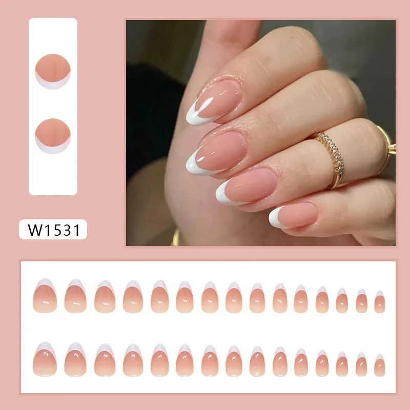 30 Pcs Ready-made Artificial False Nails Holiday Glued Fake Nails Set White French Medium Short Almonds Press on Nails for Women