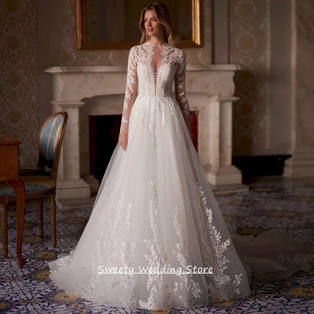 Customized Woman Bride Wedding Dress Gorgeous Long Sleeves Round Neck Illusion Beading Applique Bridal Gown Sweep Train