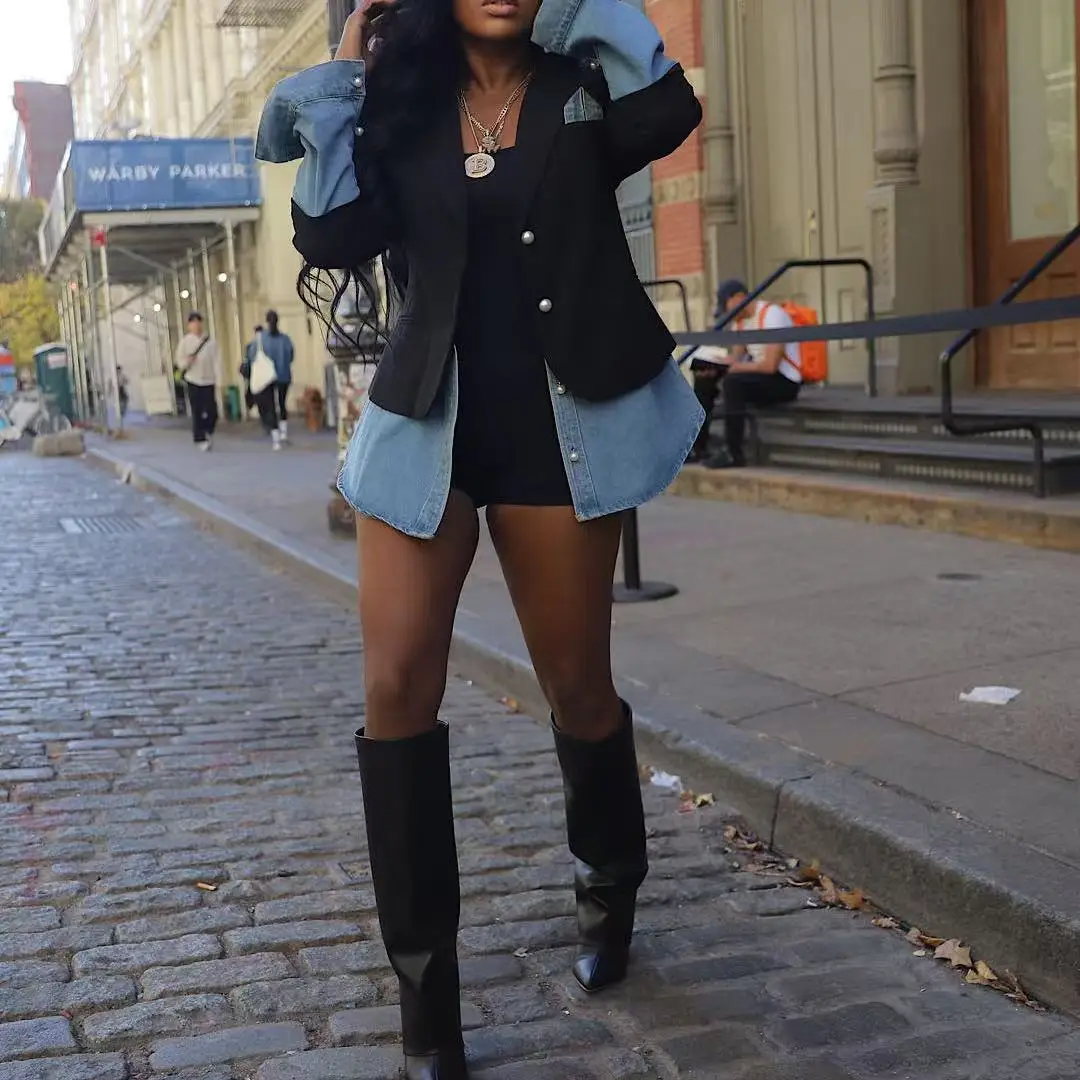 

Women Denim Coat Cardigan Single Breasted Jackets Turn Down Collar Patchwork Pockets High Street Long Sleeve Outerwear