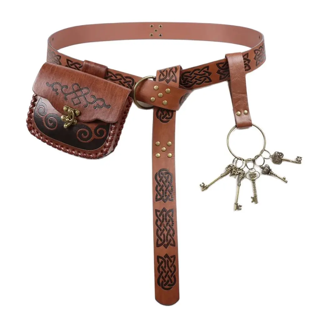 Medieval Cosplay Belt Leather Embossed Retro Belt Copper Coin Waist Bag with Key Hiking Skirt Clip Halloween Cosplay Dress up
