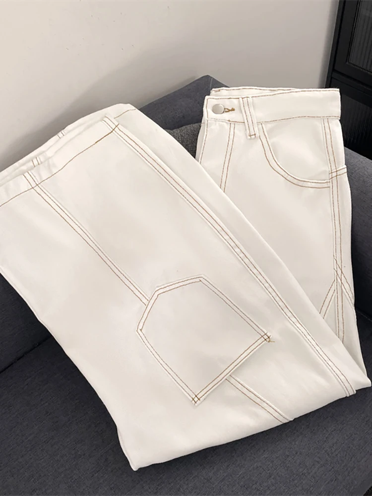 Homens branco emenda jeans bolso remendo outono calças de perna larga americano streetwear moda casual simples solto masculino calças jeans