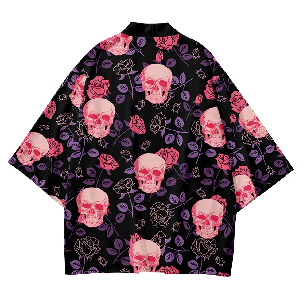 

Plus Size 5XL Skull Rose Fashion Beach Japanese Kimono Kimetsu No Yaiba Robe Cardigan Men Shirts Yukata Haori Women's Clothing