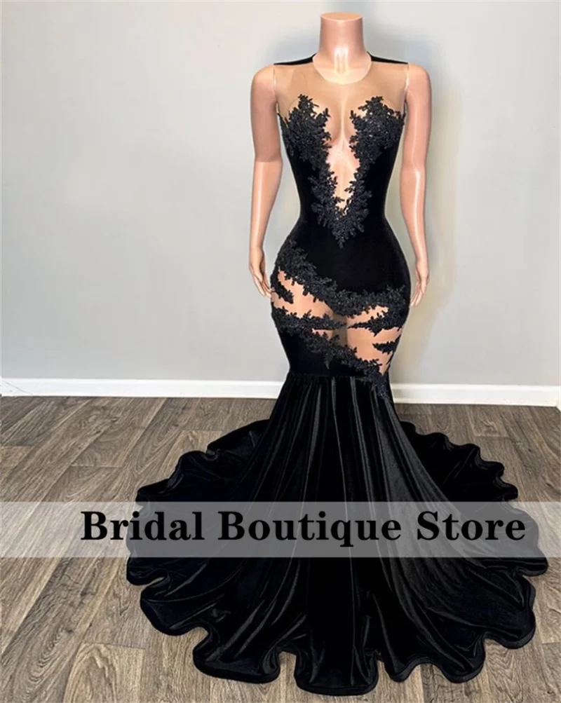 Sexy Black Lace Appliques Mermaid Black Girl Prom Dress 2024 Velvet Beads Sheer Mesh Graduation Party Gowns Robe De Bal