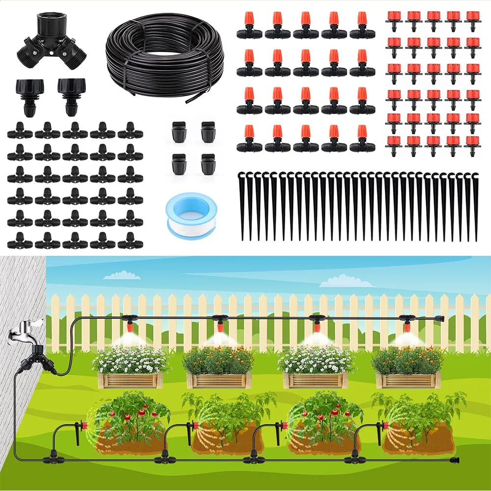 

98FT/29.9M Drip Irrigation Kit Automatic Micro Watering System Locked-Connect with Tubing Hose and Misting Nozzle for Garden