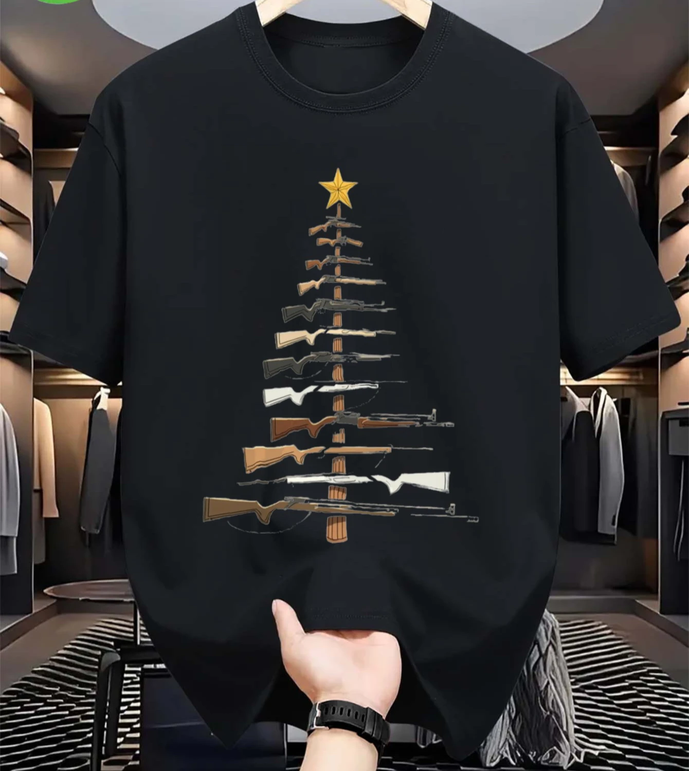 クリスマスツリー ガンプリント柄 メンズ半袖Tシャツ