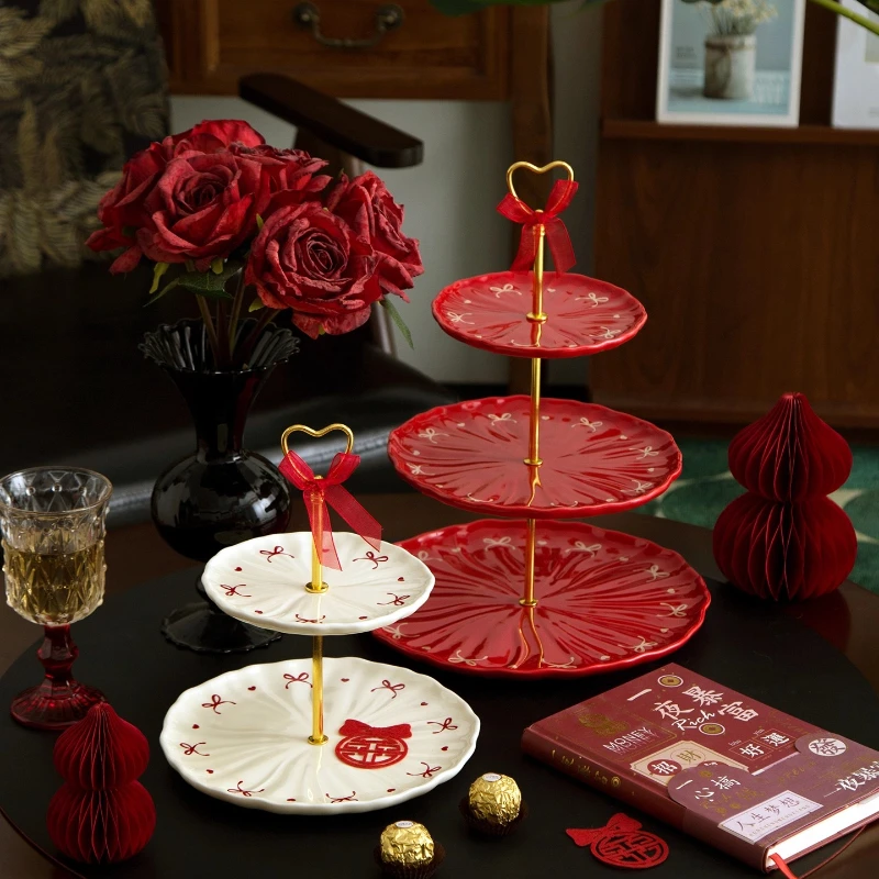 Household red three-layer fruit plate