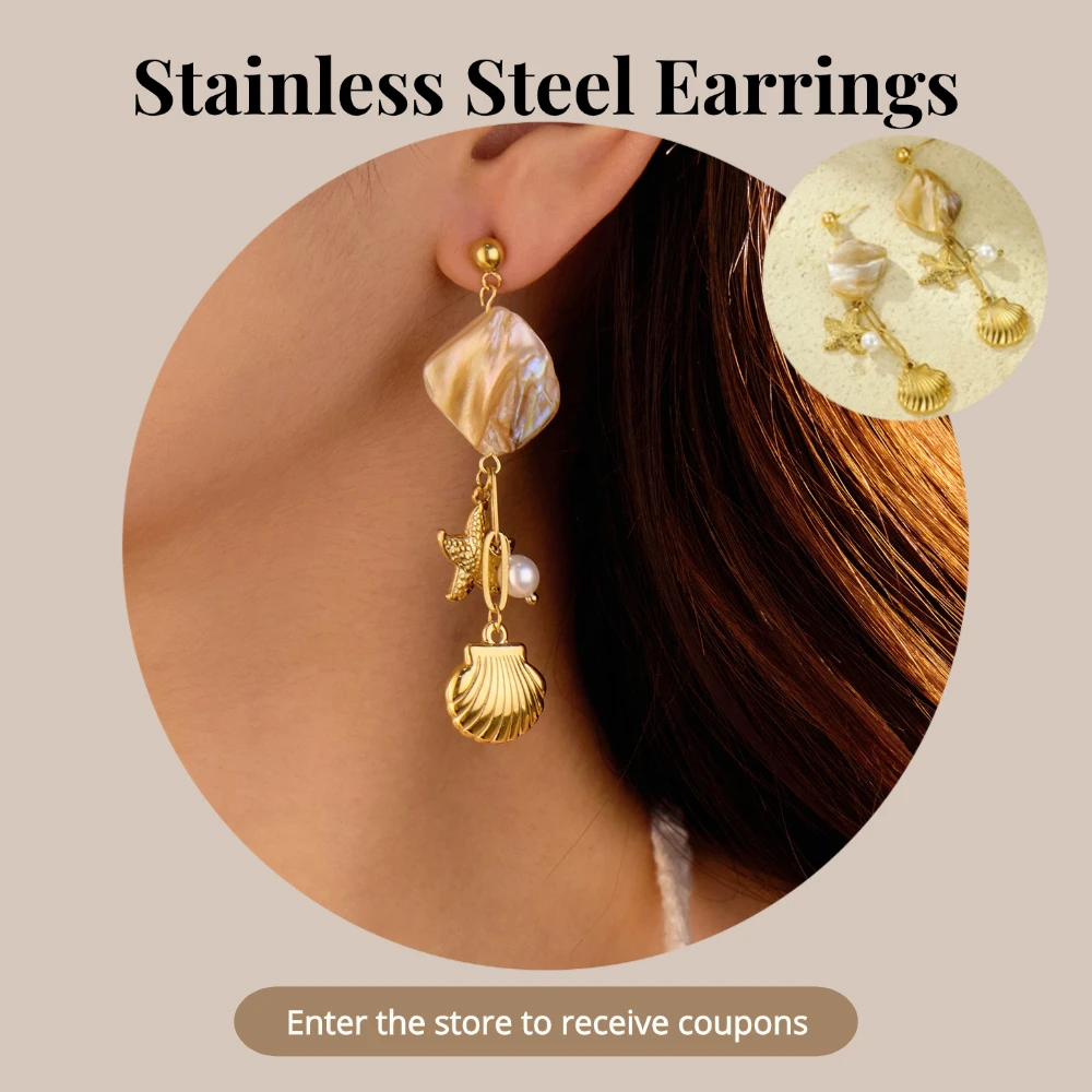 

Stainless Steel Shells Pearls Earrings Plated 18k Gold Color Stud Earrings Trendy Jewelry Fashion Women's Earrings Accessories