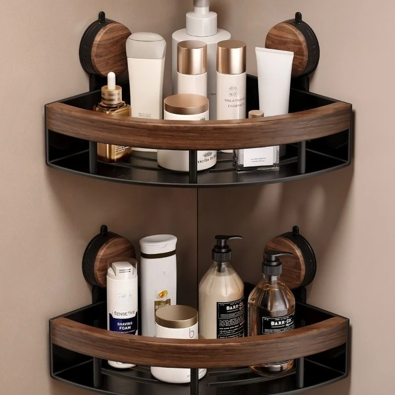 For Walnut Bathroom Suction Cup Rack No Punching Wall Wash Table Triangular Storage Rack