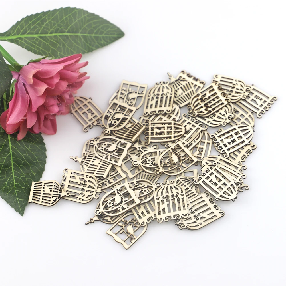 

100pcs Hollow Bird Cage Wooden naments Craft Decorations Hanging DIY Wood Chip Projects Festival Party Tree Door Wall Art