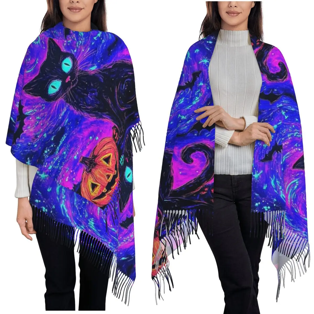 Cartoon Black Cat And Pumpkin Halloween Scarf Tassel Scarves for Women Soft Warm Shawls and Wraps Large Fall Winter Shawl Wrap
