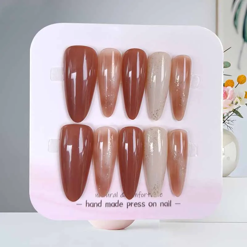10Pcs Autumn and Winter French Style  Jumping Color Dyeing All-match Long Almond Press on Nails Latte Temperament Nail Patch