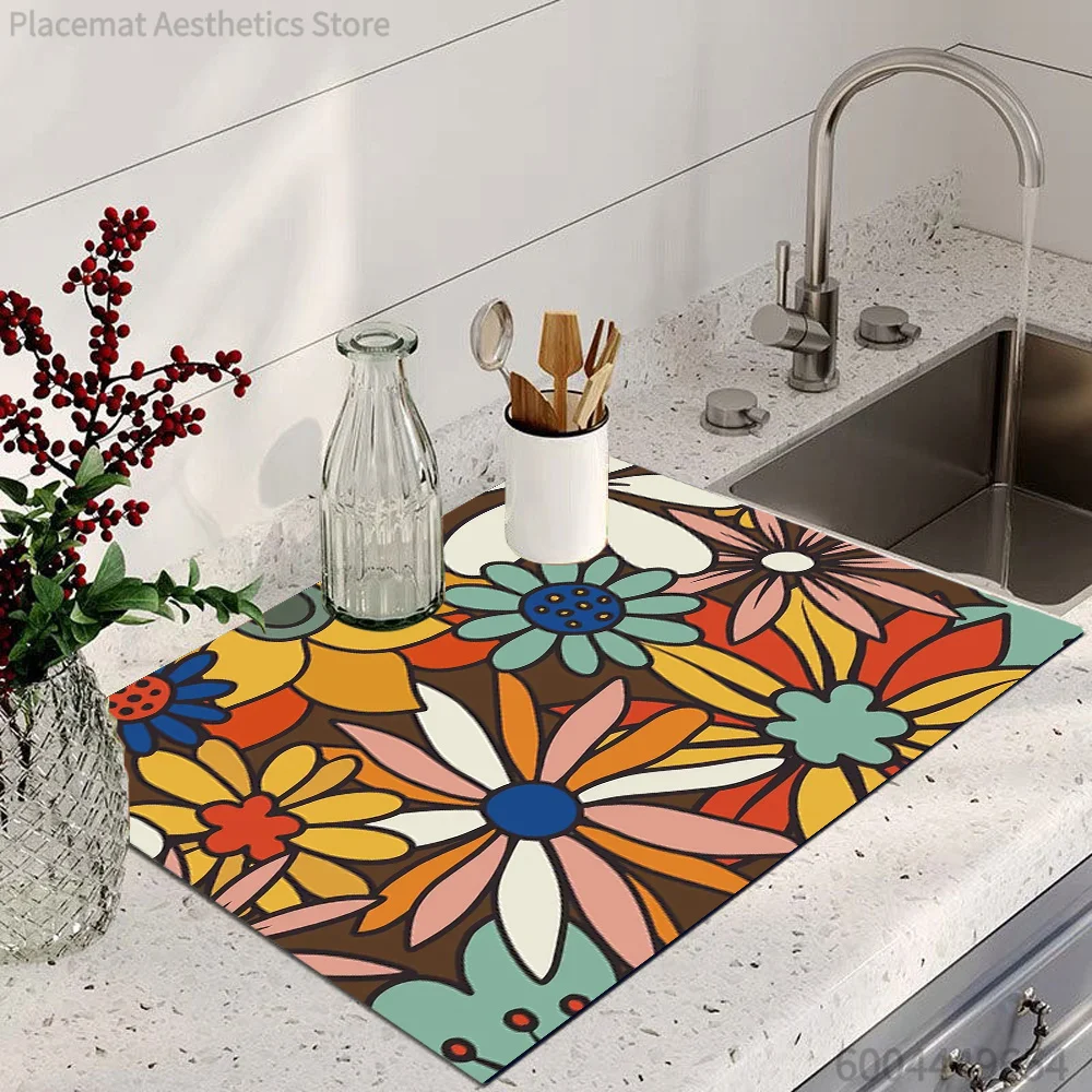 Retro Groovy Daisy Floral Print Super Absorbent Drying Mat Waterproof Kitchen Counter Coffee Maker Drain Pad Decor Placemat