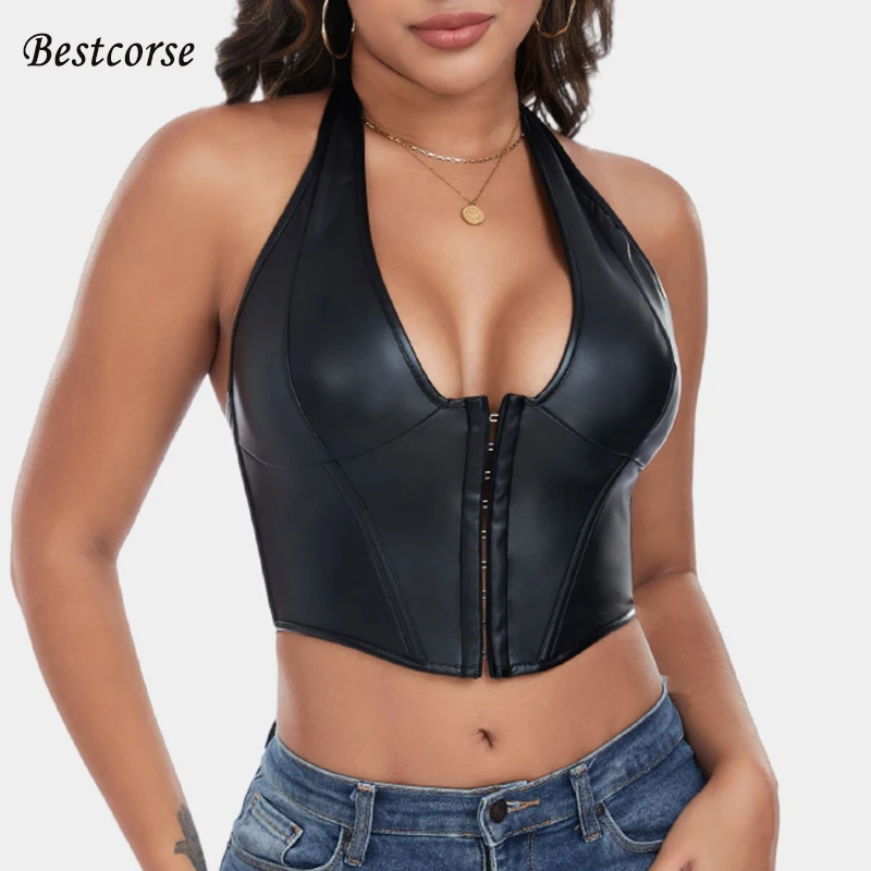

Sexy Bustier Top Burgundy Corset Top PU Leather Plus Size For Women Overbust Corsette Top Korset For Party Sleeveless Lace Up