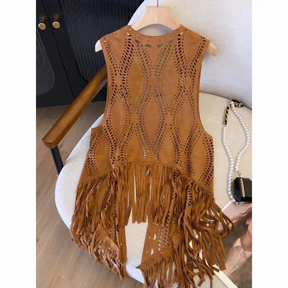Retro Tassel Trim Open Cardigan Vest Women's Fashion Outerwear Spring Autumn New Style Nationality Ethnicity Polka Dot Pattern