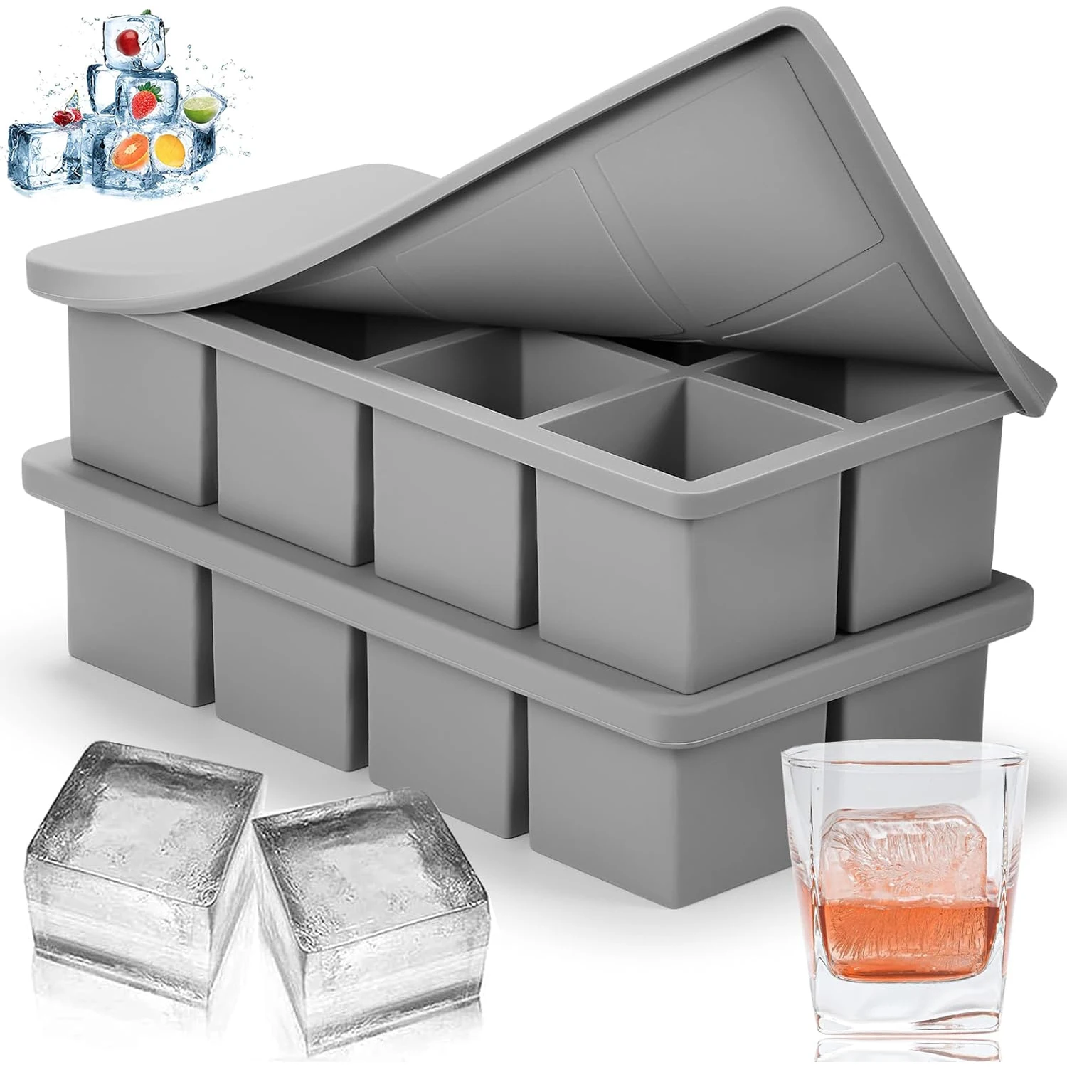 4pcs Silicone Ice Cube Tray Easy Release Stackable Large Ice Cube Molds Freezer Box Container Whiskey Cocktails Frozen Treats