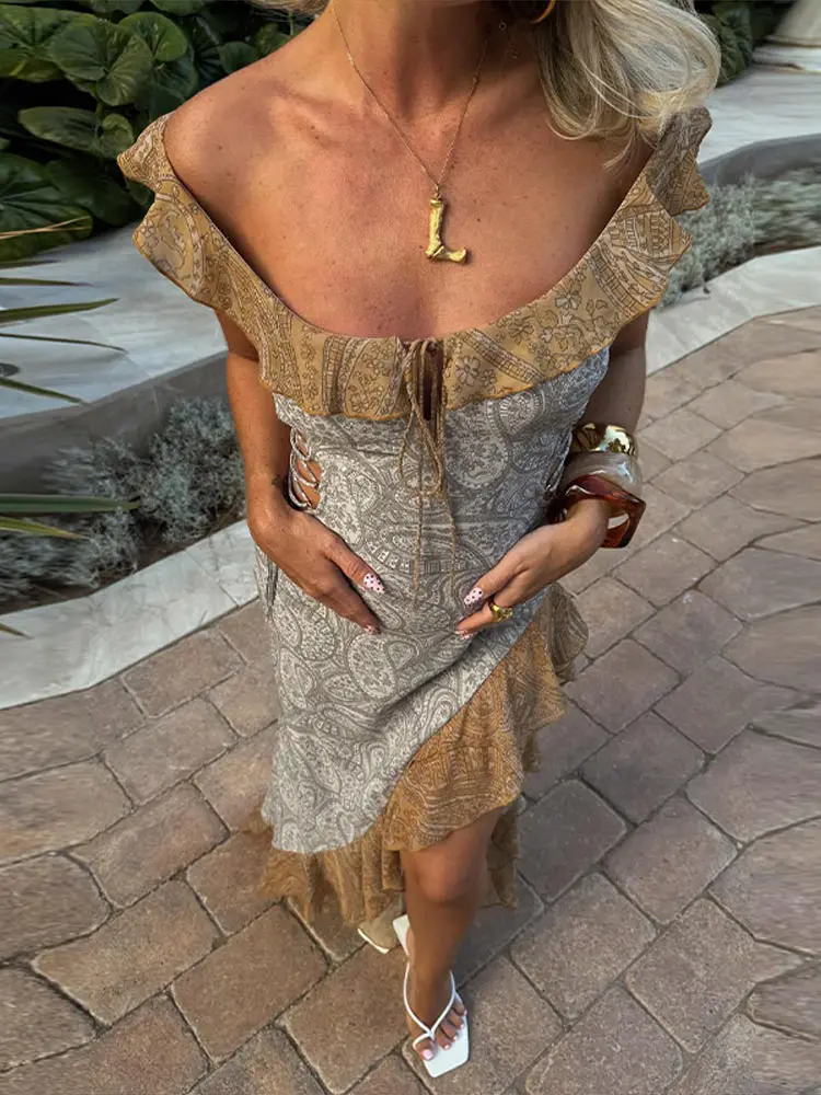 Seksowna Sukienka Długa z Falbankami i Nadrukiem Damska Kwadratowy Dekolt Bez Rękawów Wycięta Sukienka Bandage 2025 Nieregularna Sukienka Wieczorowa Vestidos