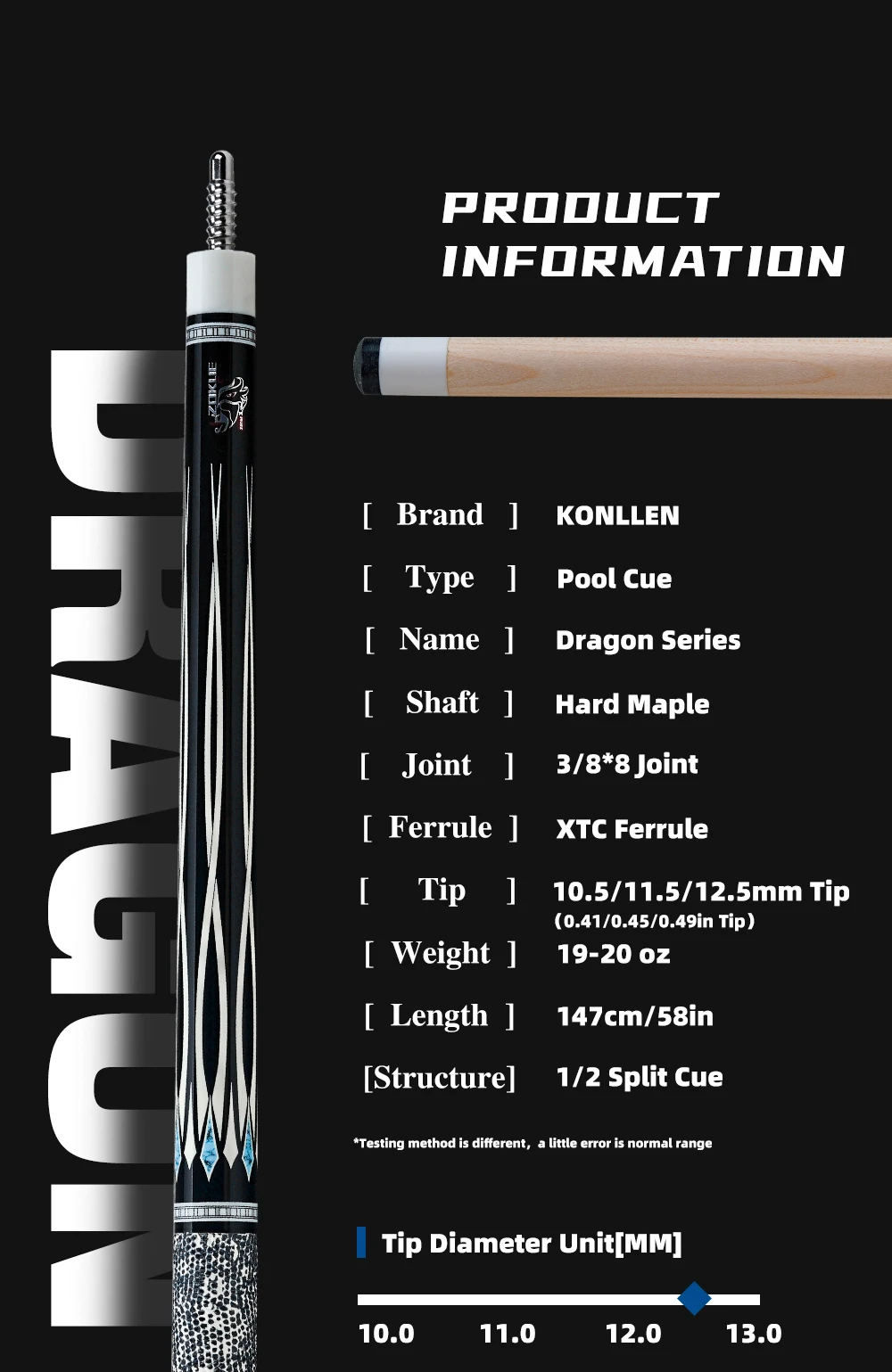 KONLLEN Dragon Pool Queue, Schaft aus hartem Ahorn, 10,5-12,5 mm, mehrschichtige Spitze, 3/8x8 XTC Griff aus Rindsleder, 58 Zoll, 19-20 Unzen – Detail 3