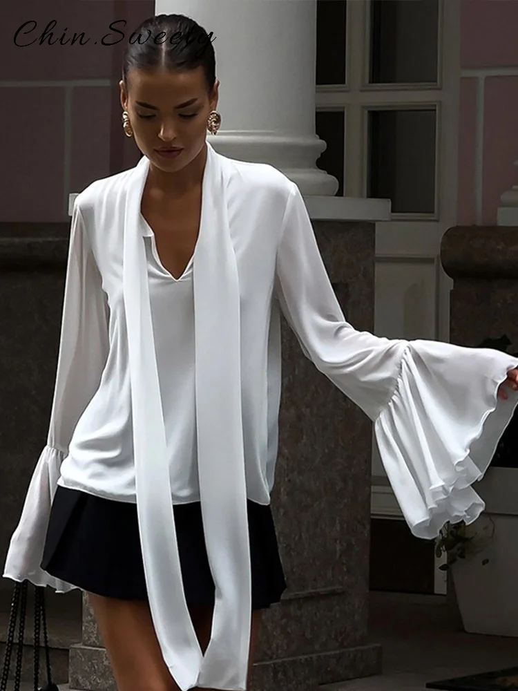 

﻿ Elegant Scarf Flare Sleeve Shirts Women Loose Solid V-neck Ruched Tops Female 2025 Spring Summer Lady High Street Blouses New