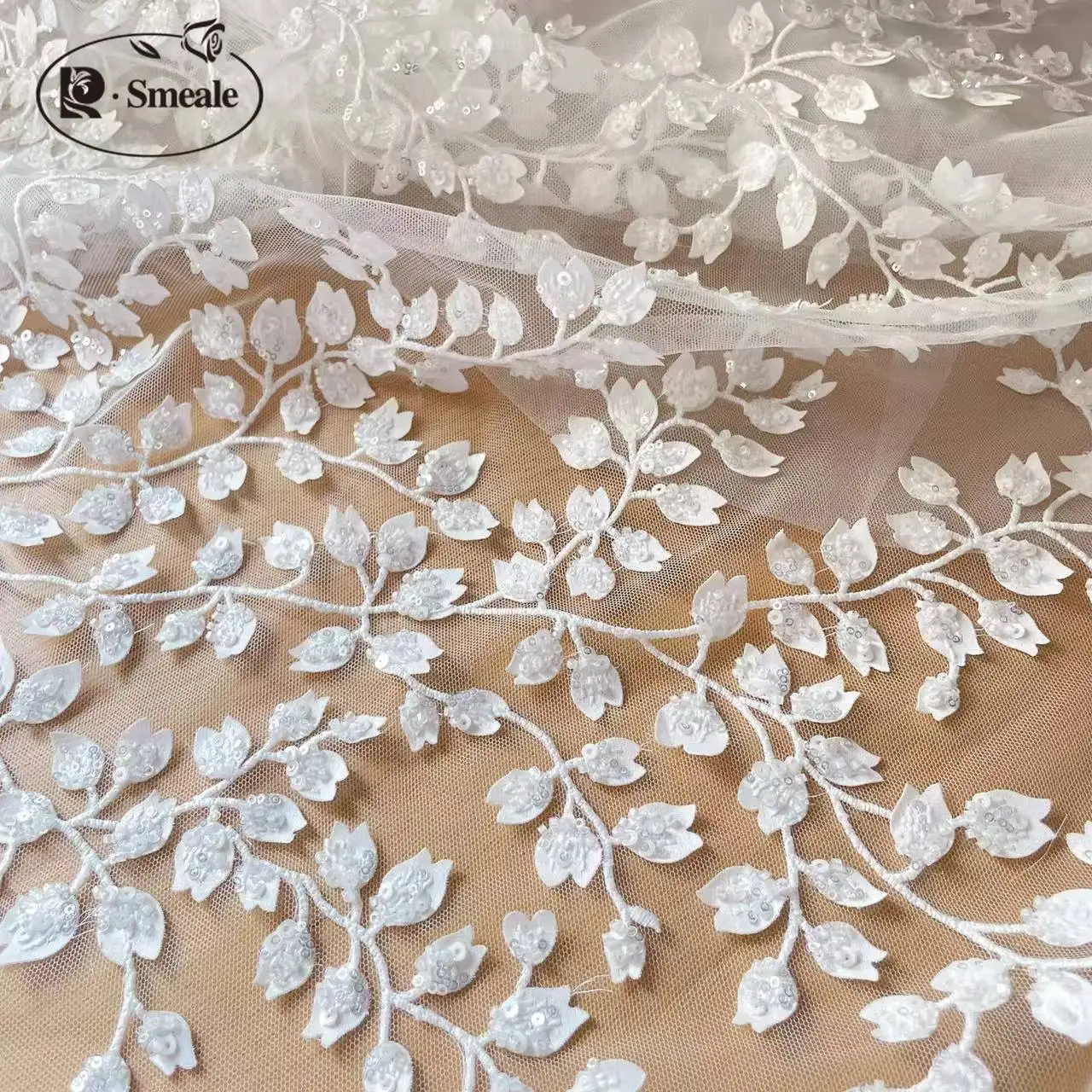 Flower and Leaf Wedding Dress Lace Fabric 3D Chiffon Flowers Beaded Lace Fabric  RS24460