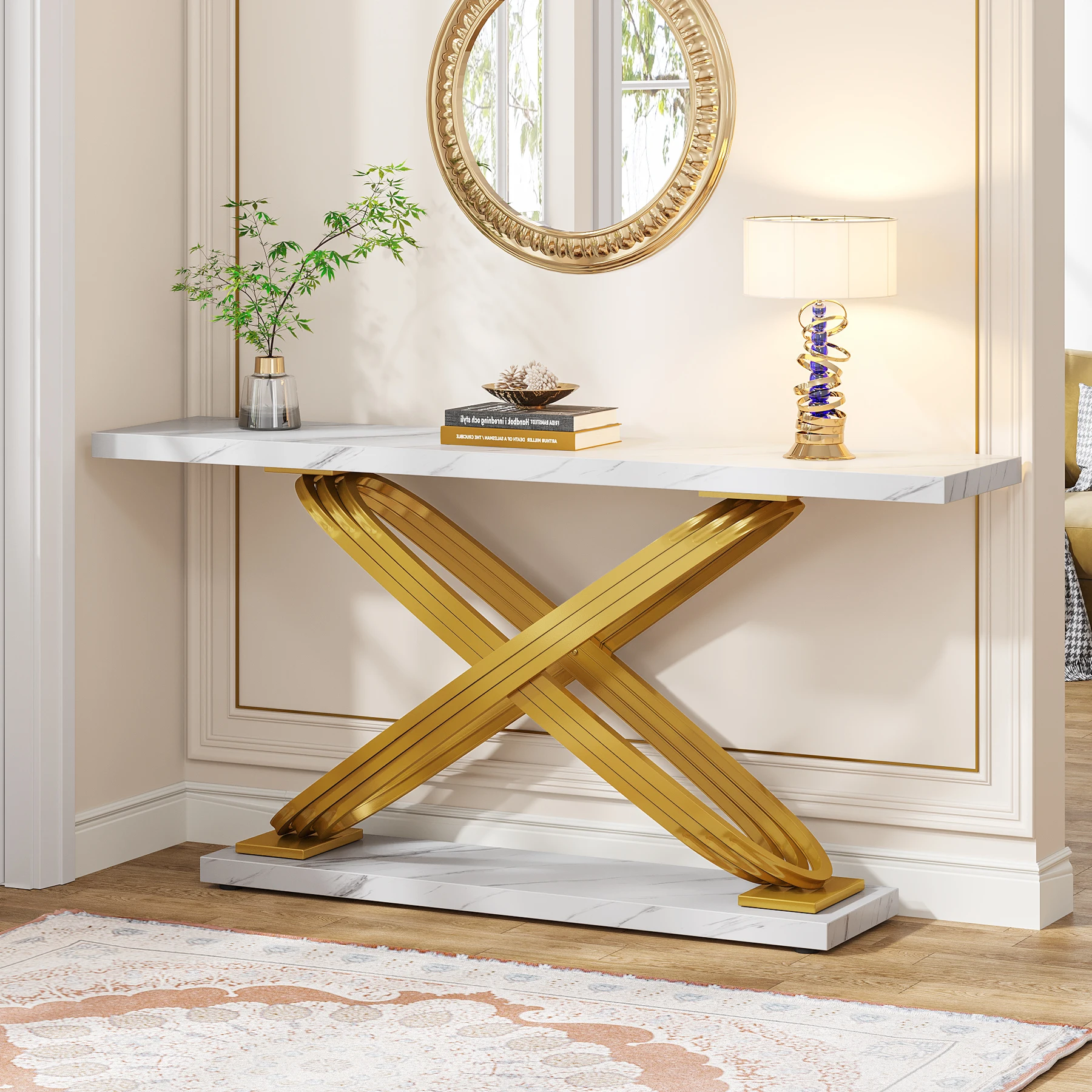 

Tribesigns 55 Inch 140 cm Wooden Modern Entryway Console Table White Gold With Marble Top for Living Room Furniture