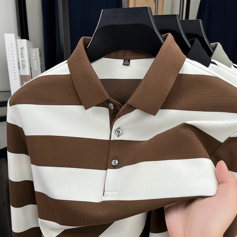 Unique wide stripe premium long sleeve polo shirt comfort luxury silk cotton lapel T-shirt fashion color blocked men's clothing